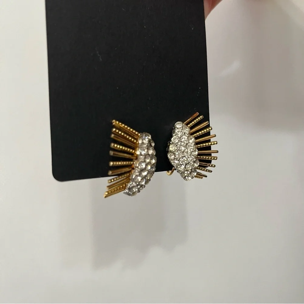 Vintage Rhinestone Gold Tone Sunburst Clip On Earrings